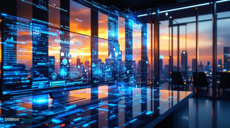 A photorealistic editorial photograph showcasing the intersection of AI and cryptocurrency technology in a modern tech enviro