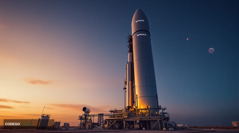 A cinematic editorial photograph showing SpaceX's Starship rocket on the launch pad at Starbase, Texas, with Mars visible as 