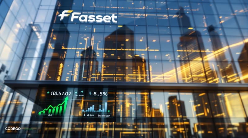 A cinematic editorial photograph of a modern fintech headquarters building exterior in daylight, featuring sleek glass and st
