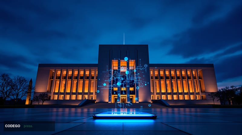 A dramatic photorealistic editorial photograph showing the imposing facade of the FBI headquarters building in Washington DC 