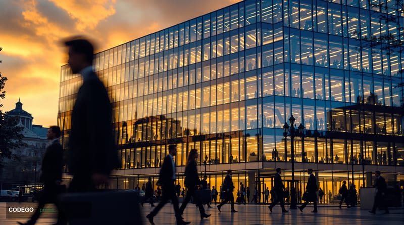 A dramatic photorealistic editorial photograph showing the imposing glass facade of the Financial Conduct Authority headquart