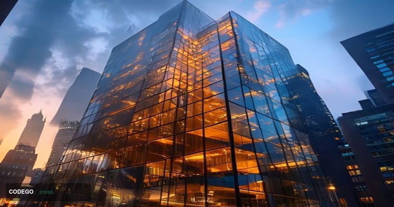 A dramatic cinematic photograph of the Financial Conduct Authority headquarters in London's Canary Wharf financial district, 