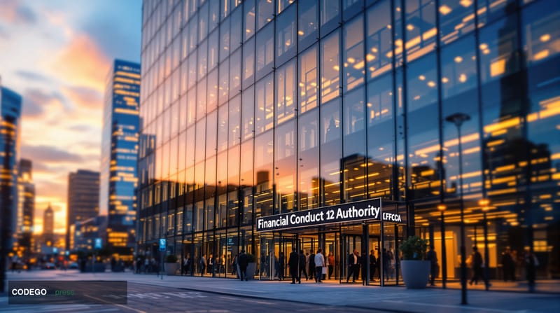 A photorealistic editorial photograph of the Financial Conduct Authority's headquarters at 12 Endeavour Square in London's Ca