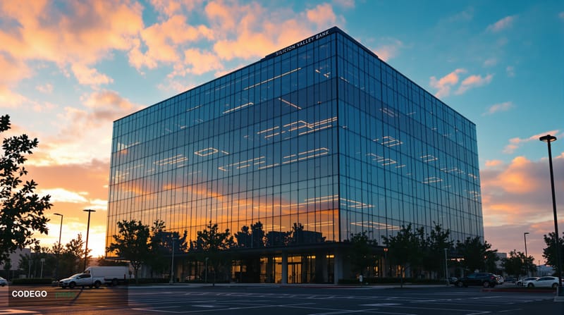 A dramatic photorealistic editorial photograph capturing the Silicon Valley Bank headquarters in Santa Clara, California duri