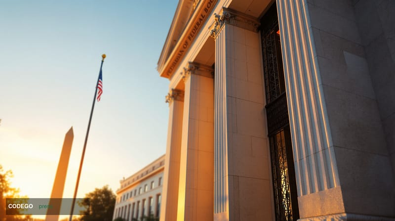 Photorealistic 8K editorial photograph of the Federal Reserve Board building's iconic neoclassical facade in Washington DC, c