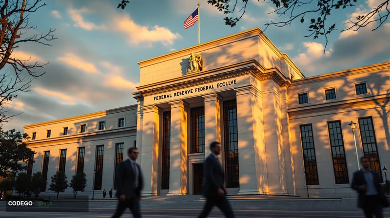 A dramatic photorealistic editorial photograph of the Federal Reserve headquarters building in Washington DC, captured during