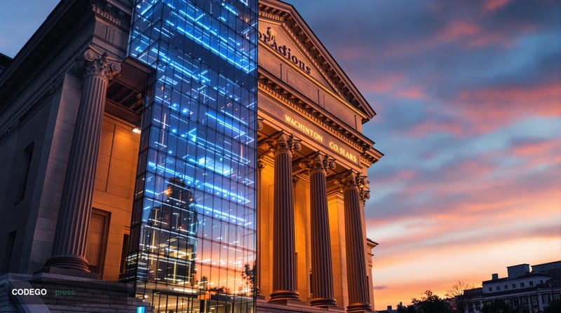 A photorealistic editorial photograph showcasing the Federal Reserve's imposing neoclassical headquarters building in Washing