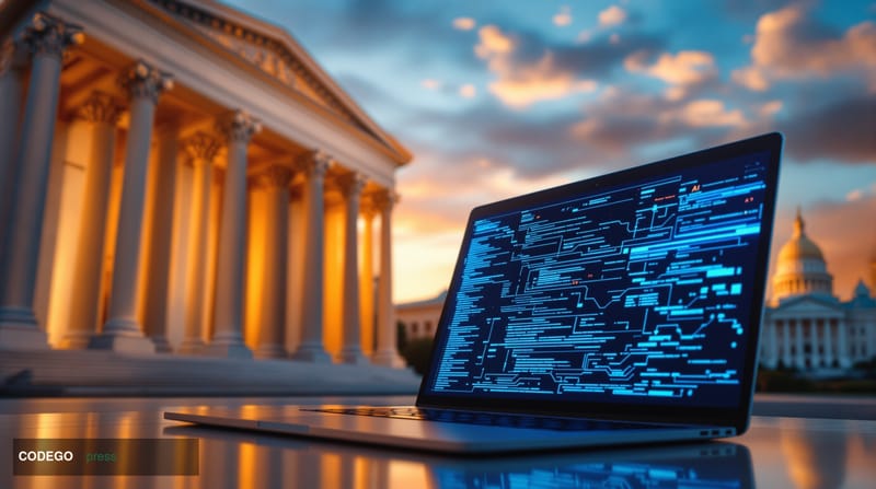 A cinematic editorial photograph showcasing the intersection of federal government and cutting-edge AI technology. The scene 