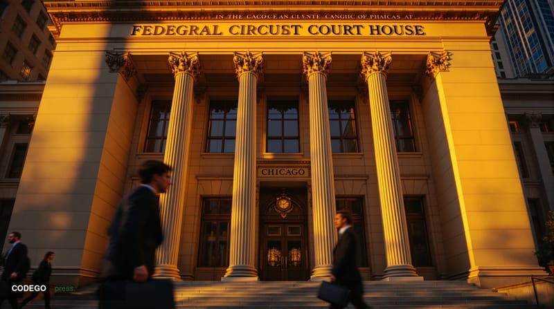 A cinematic editorial photograph of the imposing federal courthouse building in Chicago where the Seventh Circuit Court of Ap