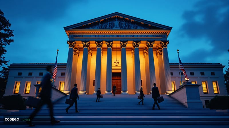 A dramatic photorealistic editorial photograph showing a federal courthouse exterior at dusk with warm amber lighting illumin