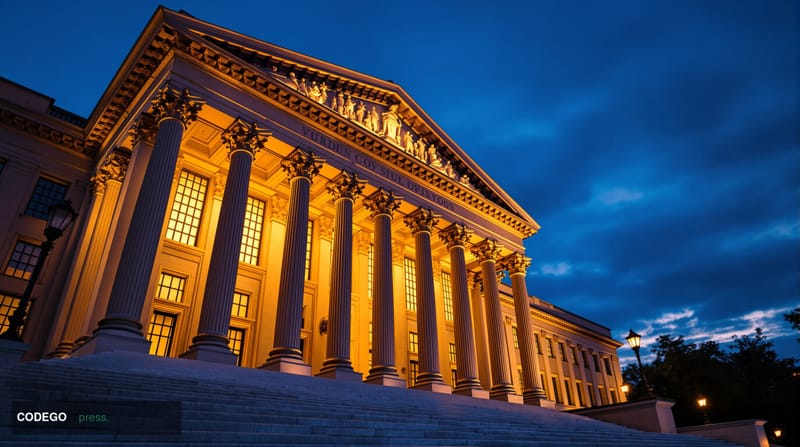 A dramatic editorial photograph of the Federal Reserve building in Washington D.C., captured from a low angle during golden h