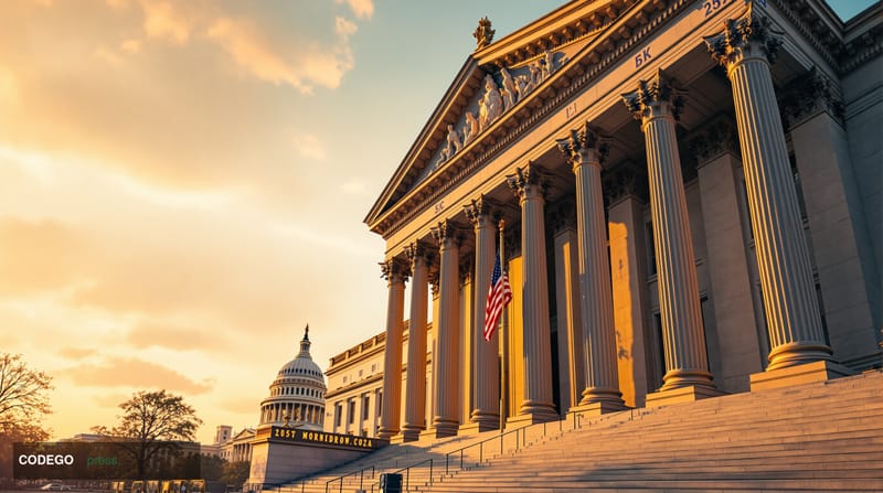 A dramatic photorealistic editorial photograph of the imposing Federal Reserve headquarters building in Washington DC, captur