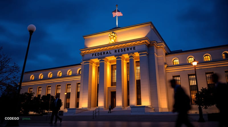 A photorealistic editorial photograph of the Federal Reserve building's iconic neoclassical facade in Washington D.C., captur