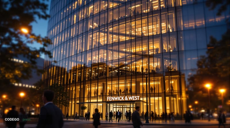 A dramatic cinematic photograph of Fenwick & West's distinctive modern law office building in Palo Alto, California, captured