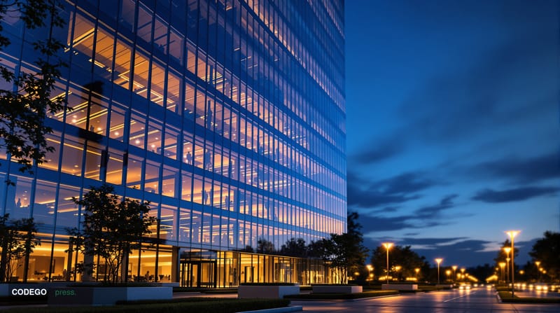 A dramatic photorealistic editorial photograph showing the imposing glass and steel facade of a major Silicon Valley law firm