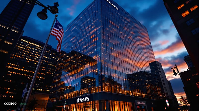 A cinematic editorial photograph showing the imposing Fidelity Investments headquarters building in Boston's Financial Distri