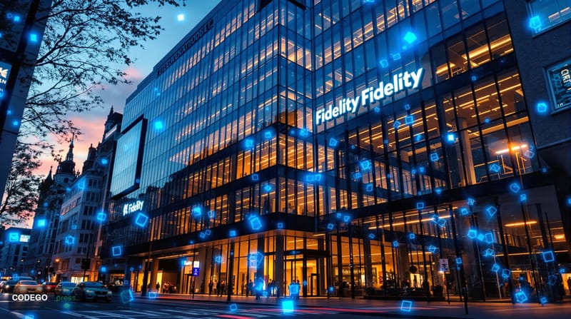A cinematic editorial photograph showcasing Fidelity International's London headquarters building with its distinctive modern