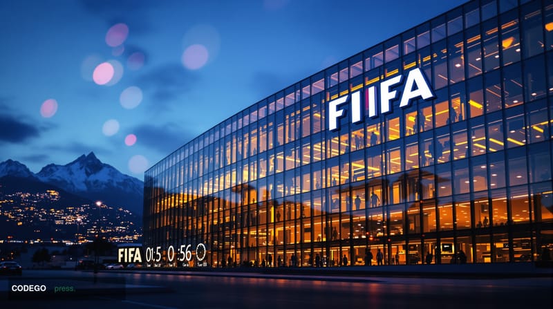 A dramatic cinematic photograph of FIFA's headquarters in Zurich, Switzerland, captured during the golden hour with warm ambe