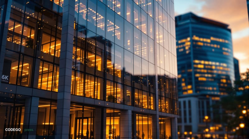 A cinematic editorial photograph of the London Stock Exchange Group headquarters in Paternoster Square, London, captured duri