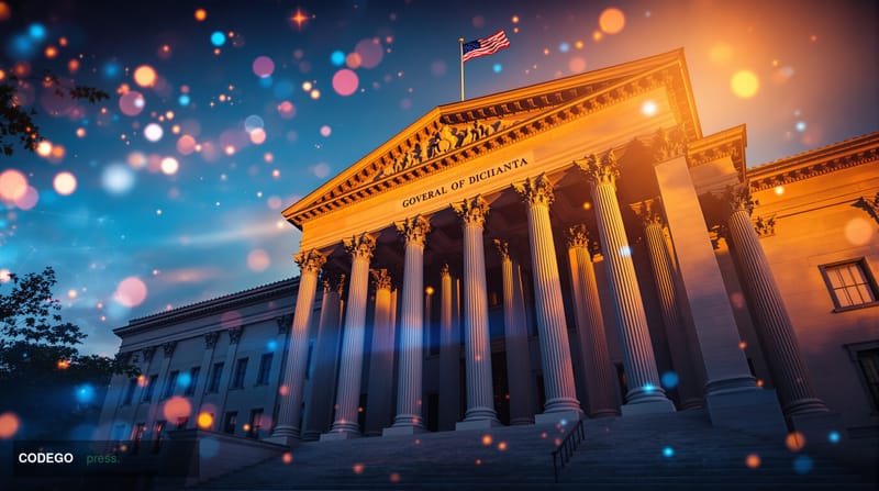 A dramatic cinematic photograph of the US Treasury Department building in Washington DC at golden hour, with the iconic neocl