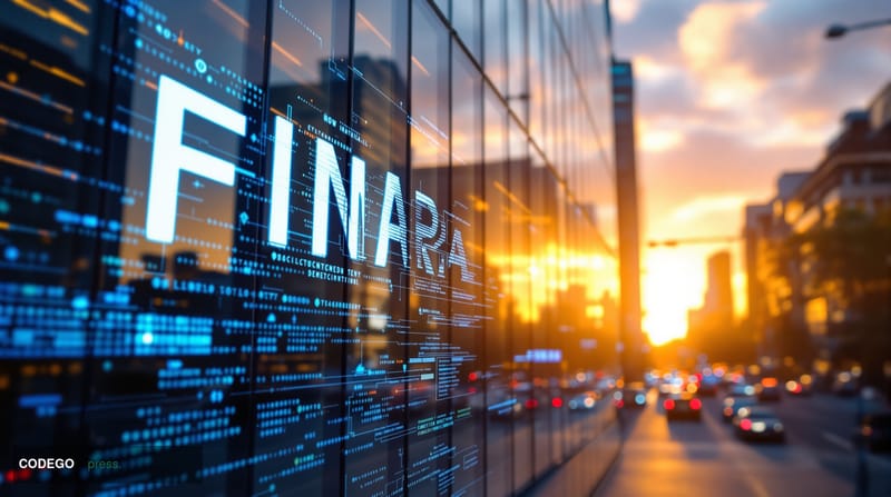 A cinematic editorial photograph showing the modern glass facade of FINRA's headquarters building in Washington D.C. at golde