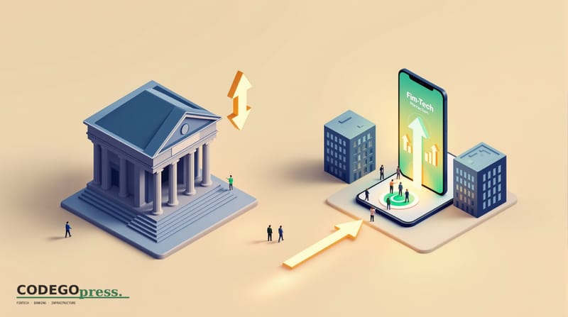 Flat 3D isometric vector editorial illustration showing a banking landscape split into two zones: on the left, a traditional 