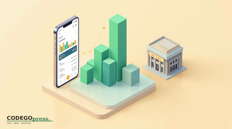 Flat 3D isometric vector editorial illustration. A stylized banking app interface displayed on a smartphone in the foreground