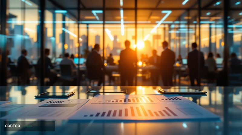 A cinematic editorial photograph of a bustling venture capital office in Silicon Valley, with glass conference rooms filled w