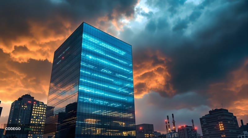 A dramatic photorealistic editorial photograph showing a contrast between chaos and stability in the financial technology sec