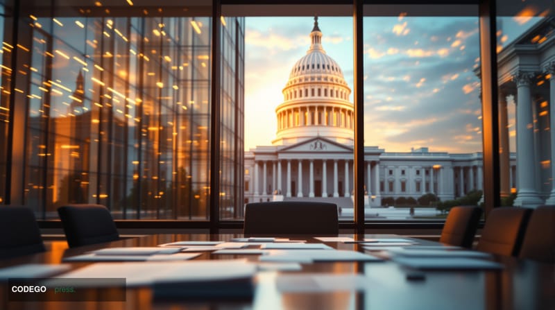 A photorealistic editorial photograph showcasing the intersection of fintech regulation and Washington policy-making. The sce
