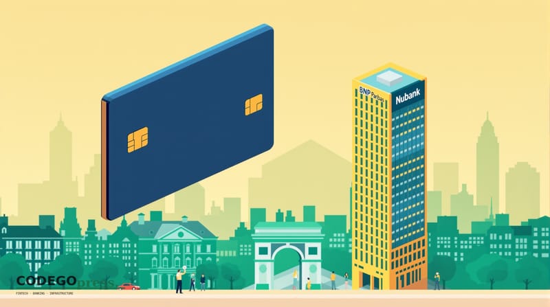 Large embossed card in navy and gold in centre foreground, with a merger handshake symbol embossed above it, BNP Paribas neoc