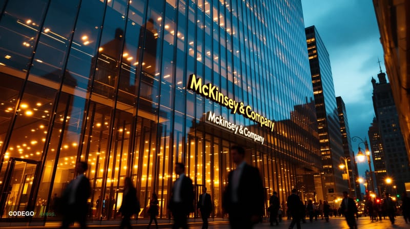 A cinematic editorial photograph of McKinsey & Company's distinctive glass and steel headquarters building in New York City, 