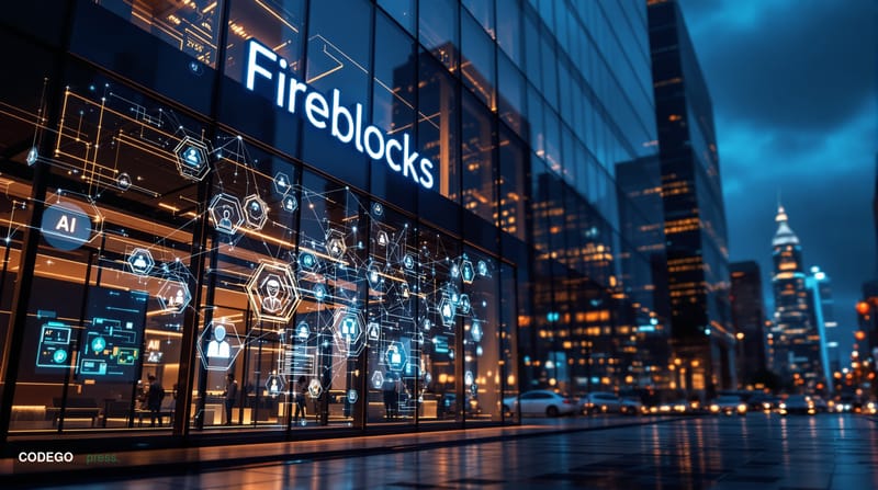 A cinematic editorial photograph of Fireblocks' modern tech headquarters in New York City, captured from a low angle showing 