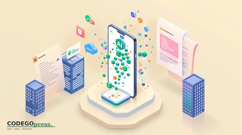 Flat 3D isometric vector editorial illustration. Center: a banking app interface on a mobile device with geometric AI nodes c
