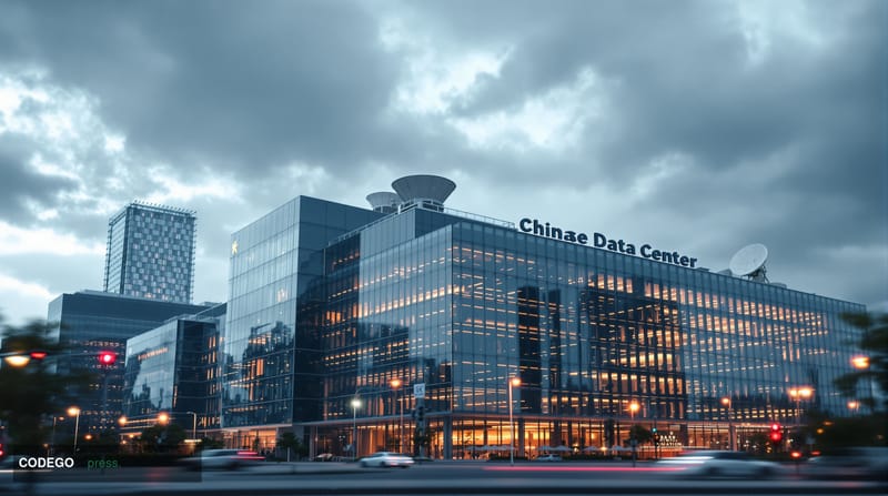 A cinematic editorial photograph capturing the imposing facade of a modern Chinese data center facility in Beijing or Shangha