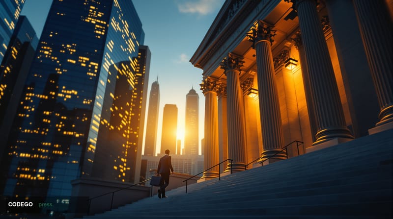 A cinematic editorial photograph capturing the gravity of corporate justice in the cryptocurrency sector. The scene shows the