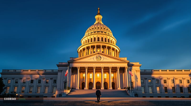 A cinematic editorial photograph of the California State Capitol building in Sacramento, captured during golden hour with dra