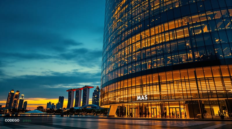 A cinematic editorial photograph of the iconic Monetary Authority of Singapore headquarters building in the Marina Bay Financ
