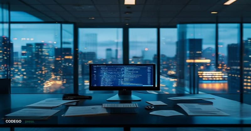 A stark, dimly-lit corporate office interior photographed from a low angle, showing an empty ergonomic desk with a computer m