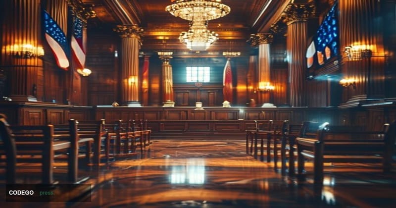 A dramatic courtroom scene captured with cinematic editorial photography, showing the imposing interior of a federal courthou