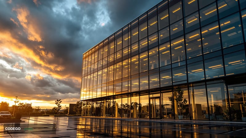 A photorealistic editorial photograph showing the exterior of Forward Industries' corporate headquarters building during gold