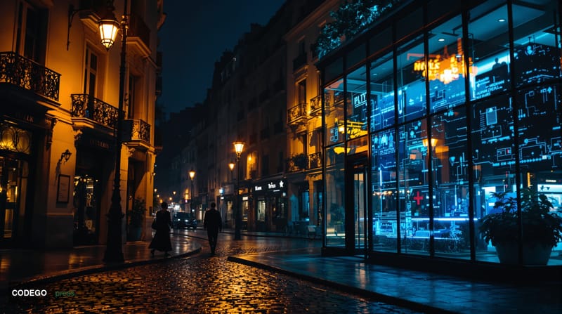 A cinematic editorial photograph capturing the intersection of French urban landscape and cryptocurrency security concerns. T