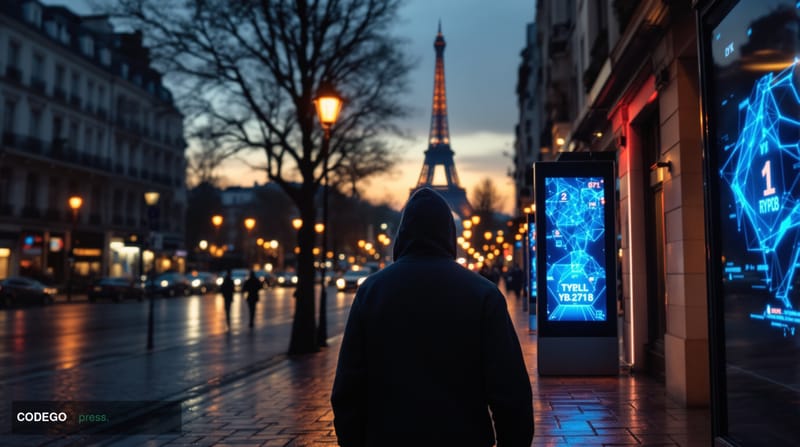 A dramatic cinematic editorial photograph capturing the intersection of French urban landscape and cryptocurrency crime. The 