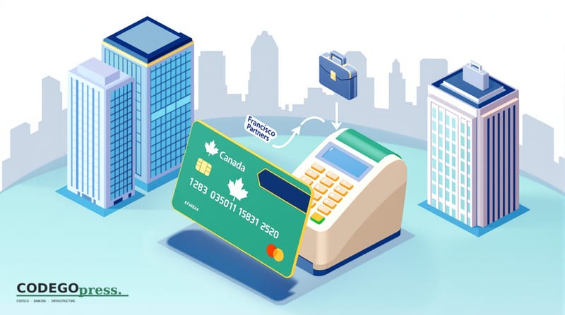 Flat 3D isometric vector editorial illustration showing: (1) A Canadian debit/credit payment card in banking-green with subtl