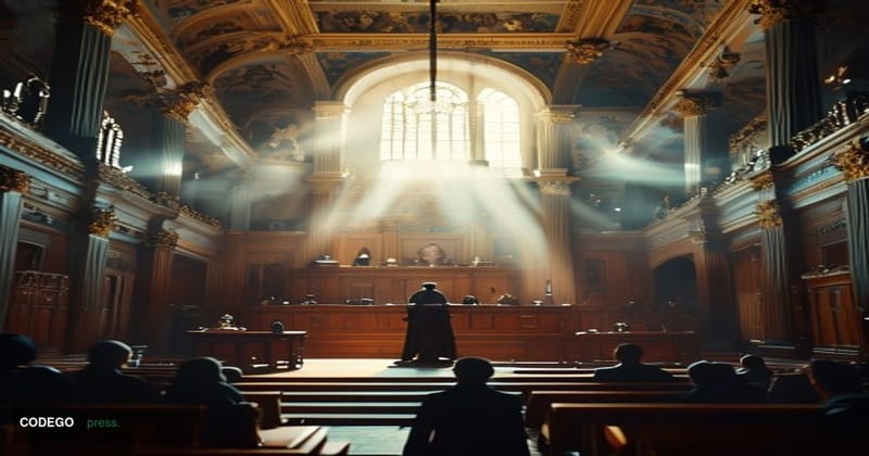 # Image Prompt:

A dramatic overhead shot of an ornate French courthouse interior with solemn judicial proceedings, featuring