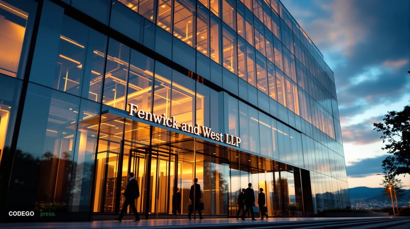 A photorealistic editorial photograph of a modern corporate law office building exterior in Silicon Valley, specifically show