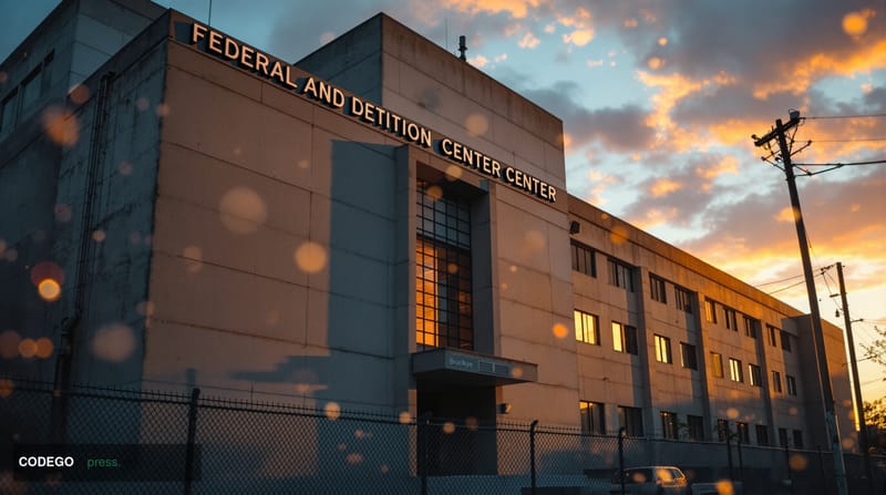 A cinematic editorial photograph showing the exterior of the Federal Detention Center in Brooklyn where Sam Bankman-Fried is 