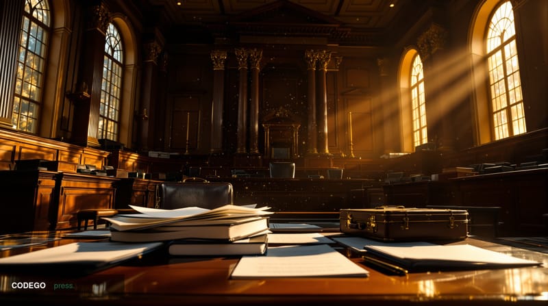 A dramatic courtroom scene photographed from a low angle, showing the imposing interior of a Delaware Chancery Court with dar