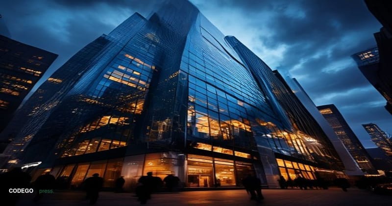 A dramatic editorial photograph showcasing Galaxy Digital's corporate presence in New York's financial district. The image ca