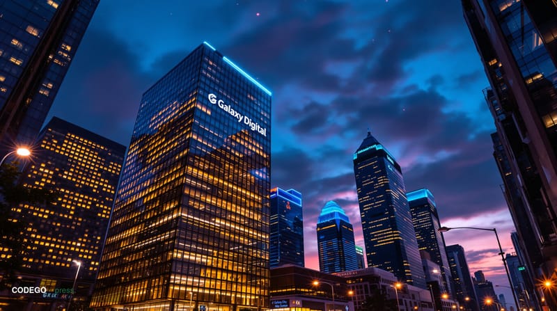 A cinematic editorial photograph showcasing the modern financial district skyline at dusk with Galaxy Digital's headquarters 